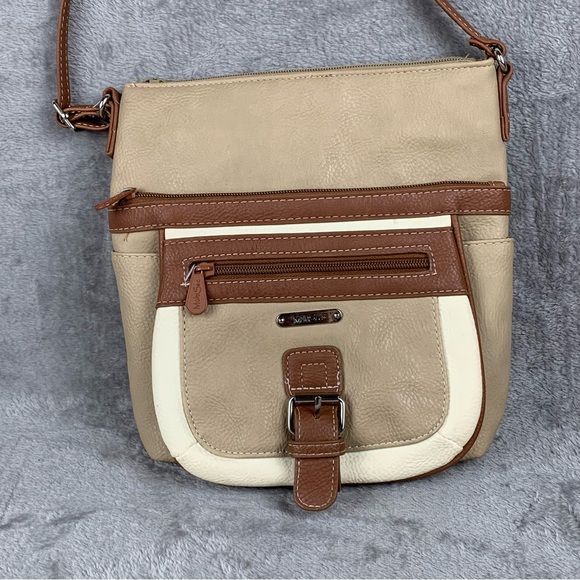 Multi‎ Sac Crossbody Bag Tan & Cream Lots Of Pockets Adjustable Travel Purse - Picture 1 of 14